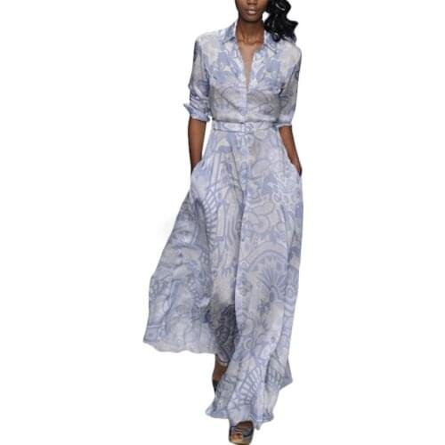 2021 Womens Waist Buttoned Printed and Ankle-Length Long Dress Long Sleeve Dress