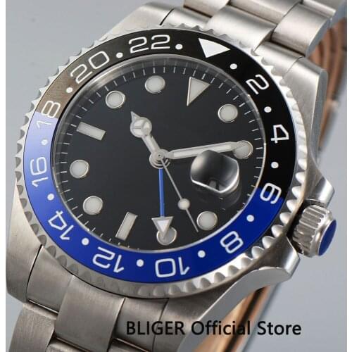 BLIGER 43mm Black Sterile Big Dial Blue Black Stainless Steel Strap Luminous GMT Automatic Movement Mens Watches B24