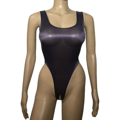 Women See Through Glossy Oil Shiny Open Crotch Teddy High Cut Bodysuit Jumpsuit Babydoll Leotard Thongs Erotic Lingerie