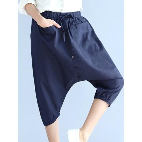 Big size crotch pants calf-length pants loose casual harem pants drawstring trousers women cotton linen track pants women