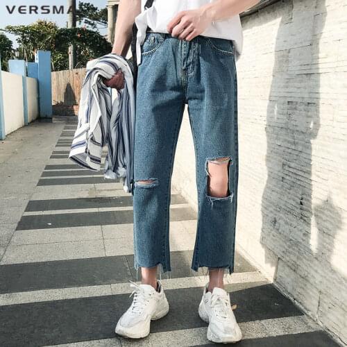 VERSMA New Summer Streetwear GD Hole Biker Ripped Jeans Men Rip Curl Hip Hop Punk Jogger Denim Distressed Jeans 3/4 Pencil Pants