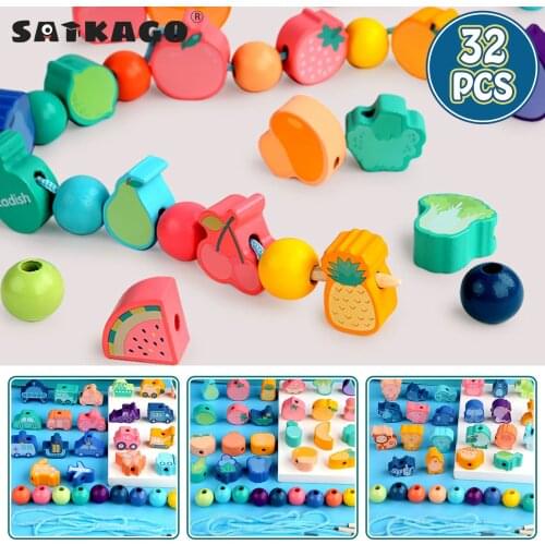 Satkago Lacing Beads Toys, Colorful Wooden Animal String Threading Beads Montessori Educational Toys for Toddlers Children Kids