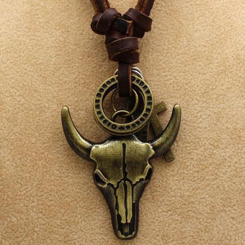 Spanish Bullfighting Antique Vintage OX Necklace Mens Leather Necklace Charms Cow Head Pendants Necklace