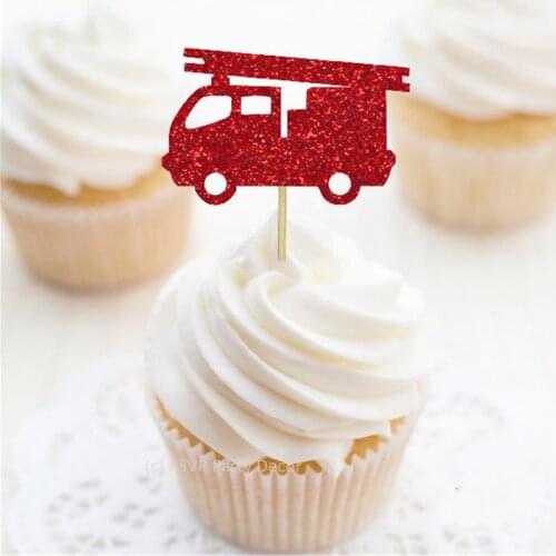 Custom Firetruck glitter Cupcake Toppers, Personalised Fire Truck Food Picks,Fireman Party Decor,Fire Engine Toppers Baby shower