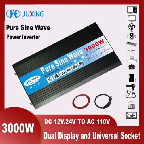 JUXING 3000W Power Inverter DC12V/24V to AC110V with Display and Universal Socket Pure Sine Wave Use for Vehicle, Home, Outdoor