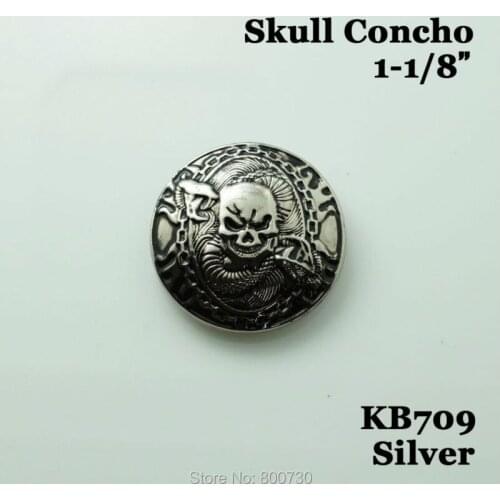 KB709) 10pc 1-1/8'' Western Skull Button Leathercraft Tack Belt Saddle Biker Buttonn Silver