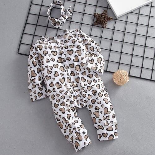 Baby Kids Clothes Newborn Infant Baby Girls Love Heart Leopard Print Romper Jumpsuit Headband Outfits 2pcs Outfit Clothes