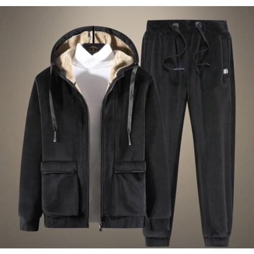 2021 Winter Men Sets Velvet Warm Thick Tracksuit Male Hooded Jacket + Pants 2-piece Fleece Casual Mens Clothing Oversize 6XL
