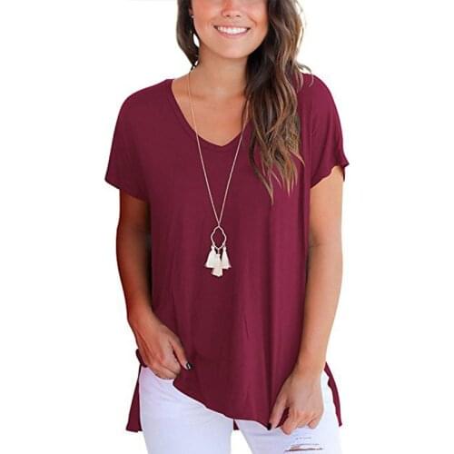 Fashions Plus Size T-shirt Women 2021 Summer Solid Color Short Sleeve V-neck Loose Tops Female Hem Split Tees Shirts