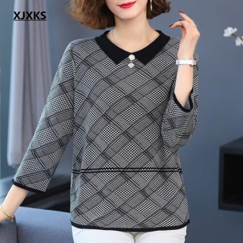 XJXKS Fashion lapel three-quarter sleeve women sweater 2021 spring autumn new comfortable wool knitted sweater women pullover