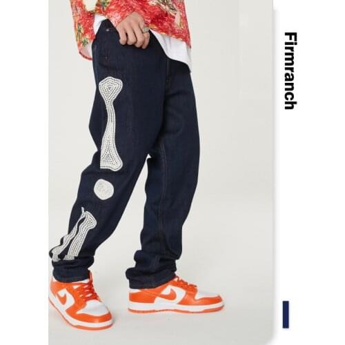 Firmranch Men/Women Retro Washed Embroidery Skeleton Jeans Pants Ins American Casual Straight Leg Denim Loose Long Dad Trousers