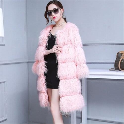 Top brand Pink Women Sweet Stripe Faux Wool Fur Coat N62 high quality