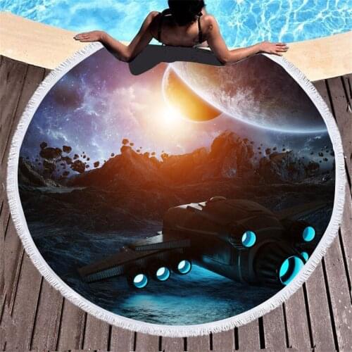 New Cross Border ALIEN Spacecraft 3D Printed Beach Towels Microfiber Circular Tassel Bath Towel For Living Room Decoration