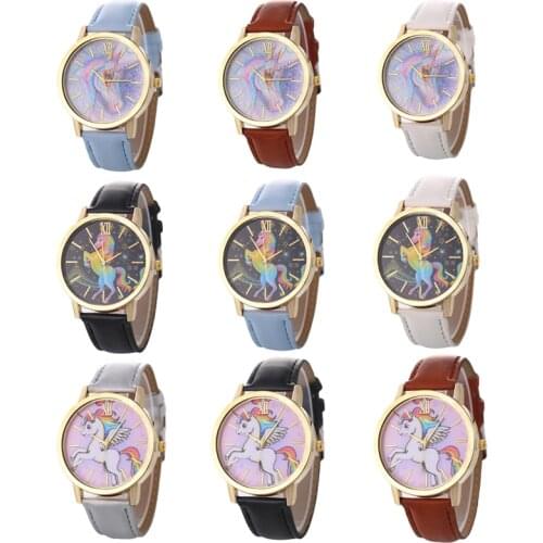 Retro Light luxury Cartoons Exquisite unicorn Childrens Quartz Watch boy girl Starry rainbow pony Leather watch Student watch