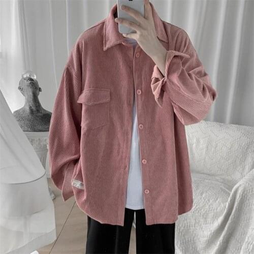 Pink corduroy shirt salt mens Japanese style wear design jacket mens tide brand lamp velvet coat autumn
