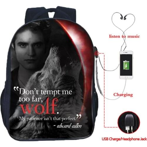 Beautiful Twilight USB Charge Backpack Men Women Boys Girls Rucksack Fashion Backpack Beautiful Edward Cullen knapsack
