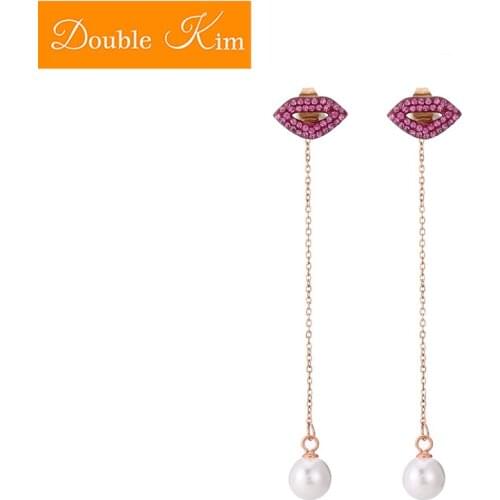 Lips Pearl Stud Earrings Titanium Stainless Steel Inlaid Pearl Gold Color Earrings Fashion Trendy Women Jewelry Gift