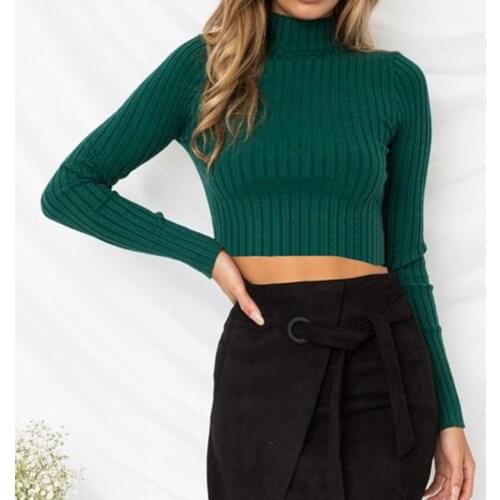 Turtleneck Sweaters Sexy Cropped Long Sleeve Tops Women Autumn Ribbed Jumpers Lady Knitted Pullovers Short Solid Sweaters