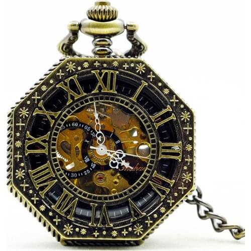 5pcs Vintage Bronze Pocket Watch 6 pieces Skeleton Mechanical Fob Watch Roman Numerals Pendant Unisex Watch