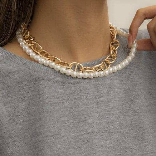 YOUVI Layered Pearl Beaded Necklace Mens Choker Punk Hip Hop Cuban Pig Nose Chain Necklaces Women Neck Chain Jewelry