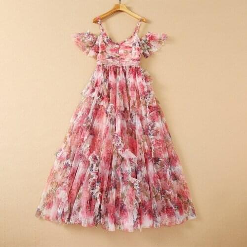 European and American womens wear for summer 2021 The horn sleeve Dew shoulder Fashion mesh print pleated dress