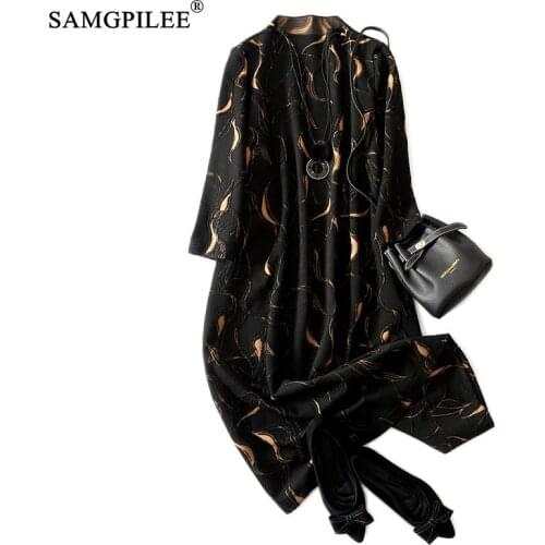Women Clothing Winter 2021 Office Lady A-line Print Full Sleeve Empire Slash Neck Plus Size Winter Long Dresses For Woman 4XL