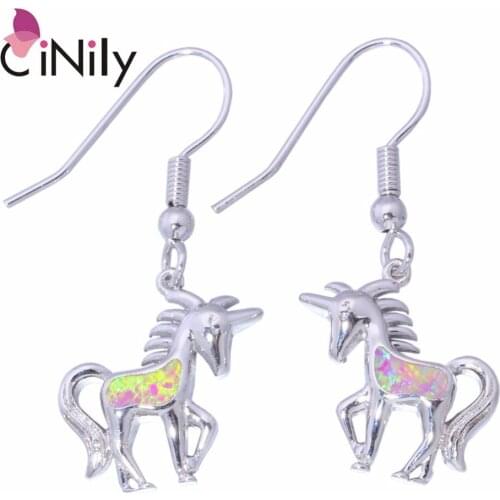 CiNily Created Pink Blue Orange Fire Opal Silver Plated Wholesale Horse For Women Jewelry Drop Earrings 1 3/8" OH2740-42