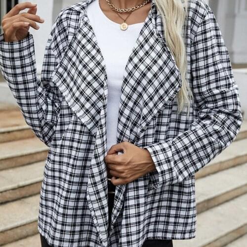 Womens Elegant Blazers Oversized Plaid Pattern Notched Collar Women Blazer Autumn Spring 2021