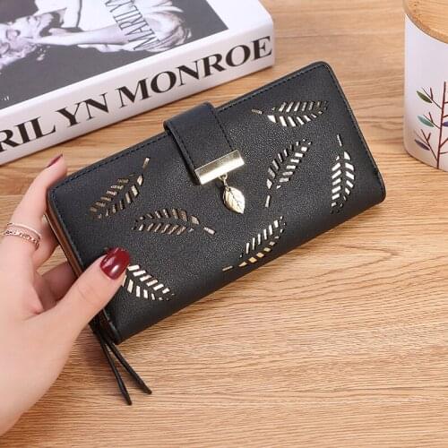 Women Wallet PU Leather Purse Female Long Wallet Gold Hollow Leaves Pouch Handbag For Women Coin Purse Card Holders Clutch