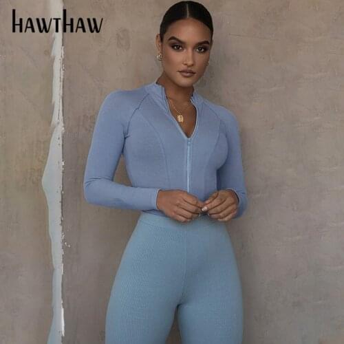 Hawthaw Women Causal Autumn Zipper Long Sleeve Fitness Sportswear Workout Skinny Bodysuit Romper Playsuit Fall Clothes 2020