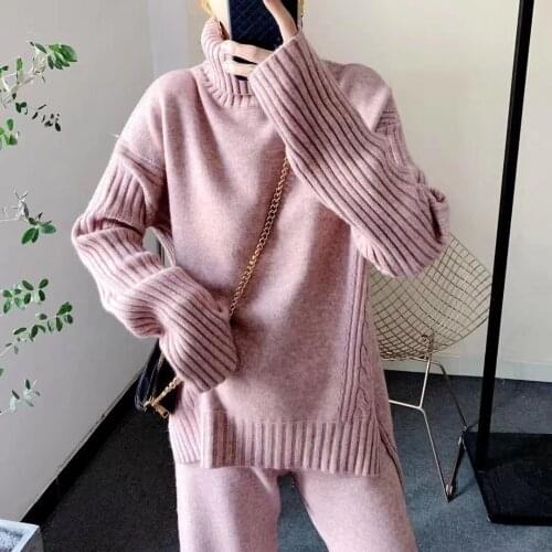 Sweater Set Women Tracksuit Autumn Winter Knitted Suits 2 Piece Set Warm Turtleneck Sweater Pullovers Wide Legs Pants