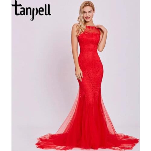 Tanpell sweep train evening dress red scoop sleeveless appliques floor length gown women backless lace mermaid evening dresses