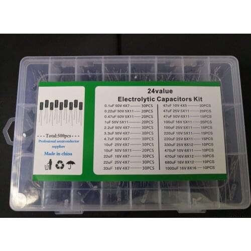 1Box 500pcs Aluminum electrolytic capacitor kit 50V 25V 16V 10V 10/22/33/47/100/220/330/470/680/1000/0.1/0.22/0.47/2.2/3.3/4.7UF