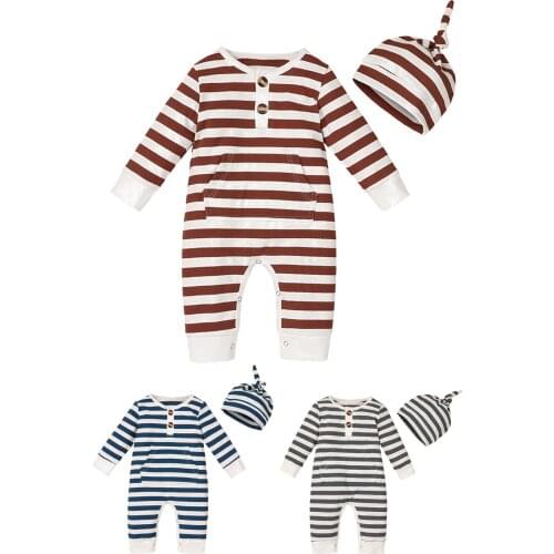 2020 New Fall Autumn 0-12M Newborn Baby Girl Boy 2Pcs Set Striped Button Decorate Front Pocket Long Sleeve Romper+Hat Outfits