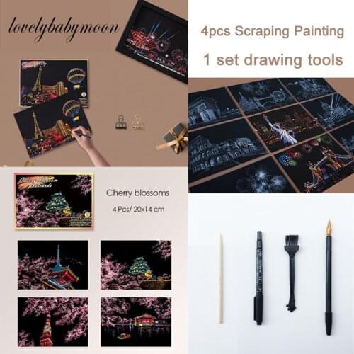 4Pcs 20x14CM A5 Colorful Magic Scraping Painting DIY Manual City Night View Scratch Paper Drawing Toys For Kids Learning Toys