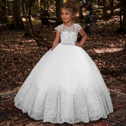 NEW Flower Girl Dresses With Bow Beaded Crystal Lace Up Applique Ball Gown First Communion Dress for Girls Customized Vestidos