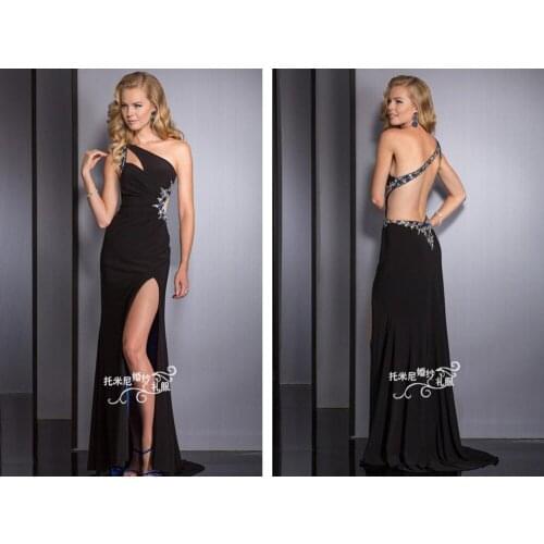 Black sexy backless one shoulder beading long prom gown коктельное платье floor-length robe de soiree Homecoming Dresses