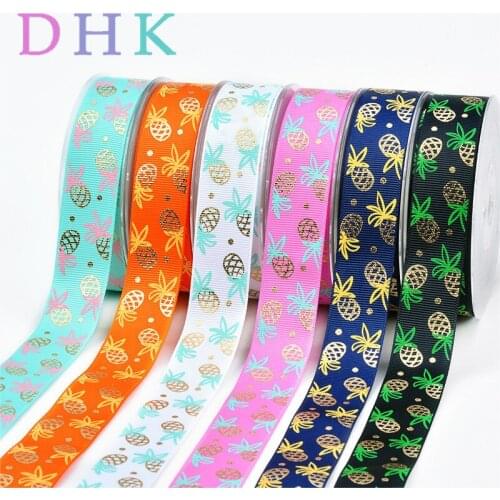 DHK 1'' 50yards foil gold pineapple printed grosgrain Ribbon Accessory hairbow headwear decoration Wholesale OEM DIY 25mm S870