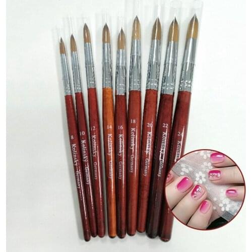 100% Kolinsky Sable Acrylic Brush Crimped UV Brush Gel Builder Manicure Brush Flat Round Red Wood Nail Brush Hot
