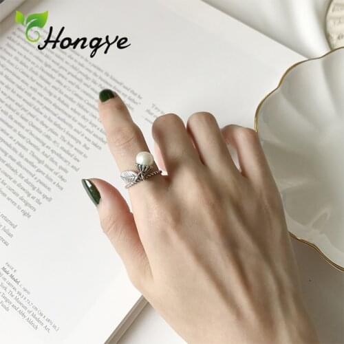 Hongye Antique Feather Pearl Ring Girls 925 Sterling Silver Fashion Jewelry Summer/Spring Adjustable Ladies Rings Bridal Wedding