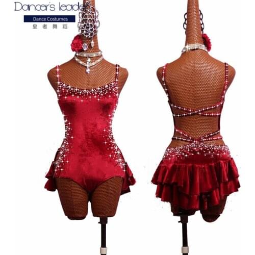 Latin dance performance clothing performance clothing Sassa dance SALSA jumpsuit wine red high split sexy straps