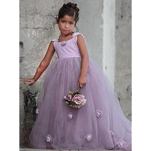 2019 Beautiful Lavendar Flower Girls Dresses 3D Flowers Girls Pageant Gowns for Kids Wedding Party Gown