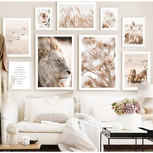 Lion Flower Reed Grass Calm Sea Birds Quotes Wall Art Prints Canvas Painting Nordic Poster Decoration Pictures For Living Room