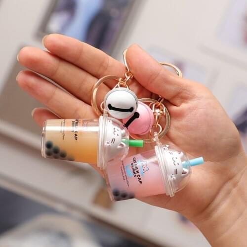 Cartoon Cat Milk Tea Cup Keychain For Women Girls Creative Mini Bell Liquid Crystal Quicksand Pearls Keyring Bag Pendant A845