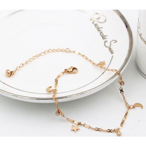 New Cute Beautiful Star Moon Crystal Anklet Titanium Steel 8 Shape Chain Rose Gold Woman Jewelry Length 20cm+5cm