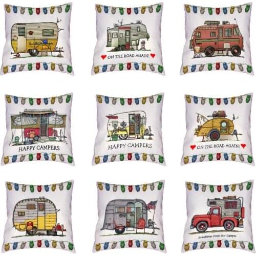 Funny Mobile Travel White Cushion Covers Happy Campers Throw Pillow Cover Home Decor Outdoor Touring Cars Peach Skin Pillowcases
