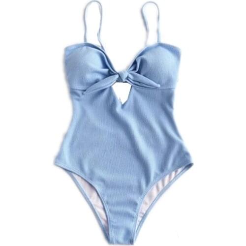 Sexy Tie Bow V neck One Piece Swimsuit Women Cross Lacing up Backless Monokini Swimwear Vintage Tank Bathing Suit