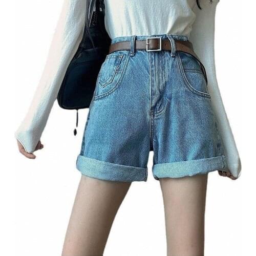 SHNSOPHI Casual Blue High Waist Shorts Jeans Women 2021 Summer Beach Denim Shorts Korean Classic Washed Wide Leg Shorts Cuff