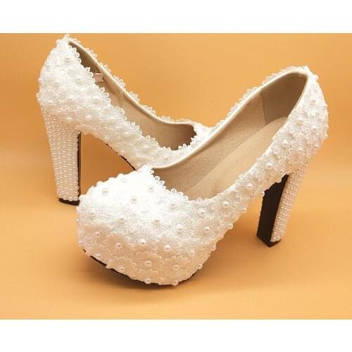 BaoYaFang White Royal Blue Flower Wedding shoes Thick Heel Ladies Platform shoes woman High heel shoes fashion Round Toe Pumps