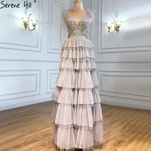 Grey Nude Sleeveless A-Line Evening Dresses 2021 Luxury Beaded Tiered Sexy For Women Wedding Party BLA71228 Serene Hill